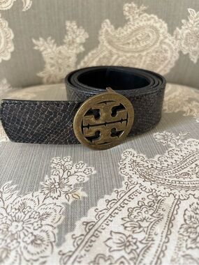 Tory Burch Black Textured Leather Belt with Gold Logo Buckle